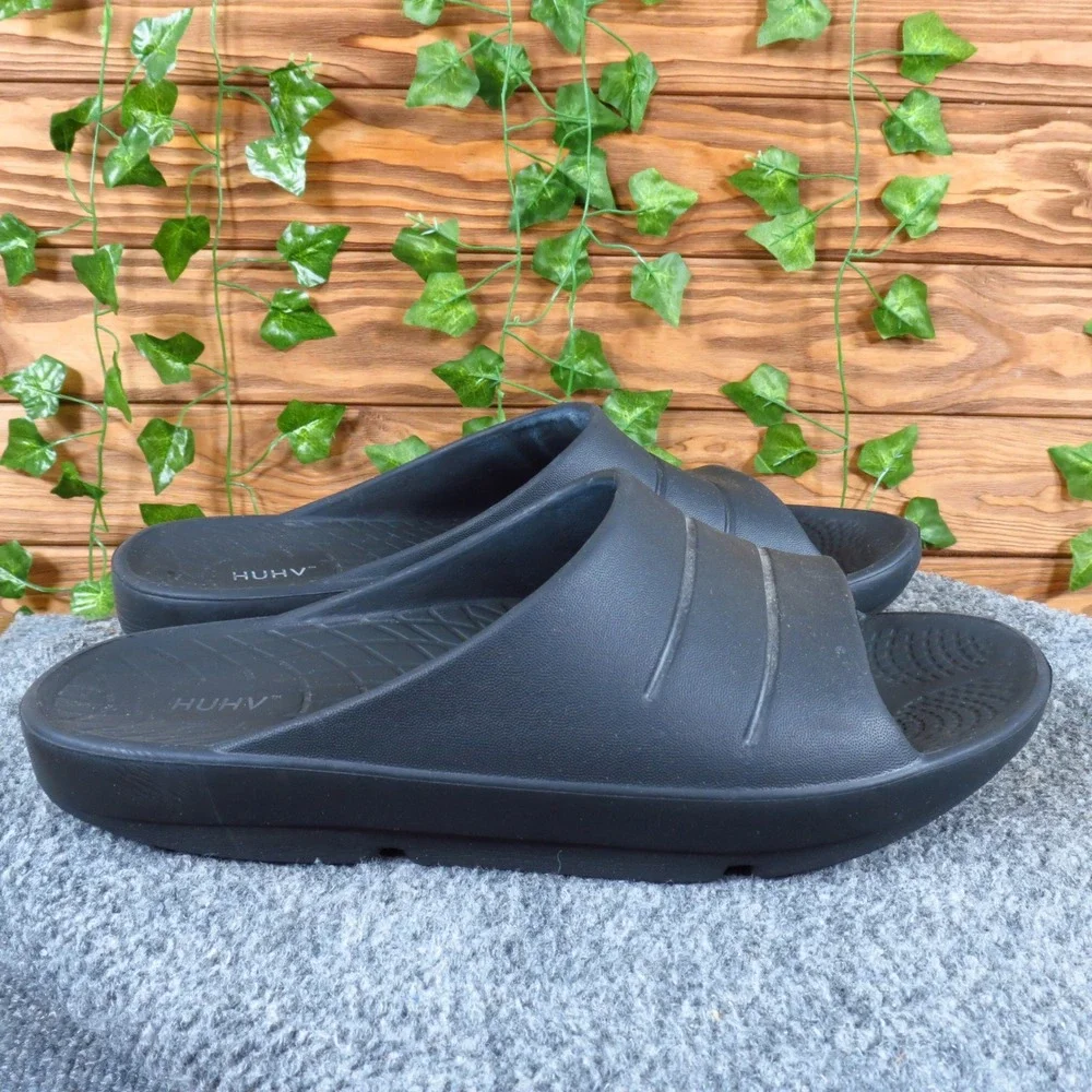 HUHV Recovery Slides Mens Sandals Size 11 Casual Post-Workout Comfort Black Foam